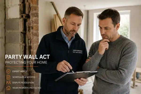 Party wall surveyor Burton Latimer discussing extension plans with homeowner outside a UK semi-detached house.